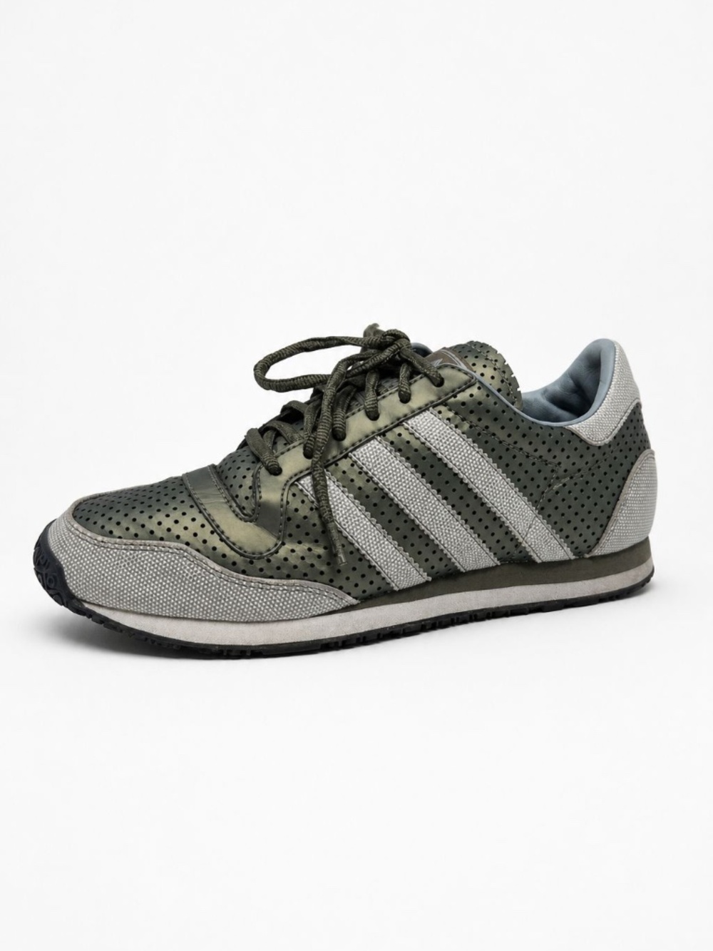 Vintage Iridescent Adidas Olive Green Sneakers with Grey Stripes Size 7.5